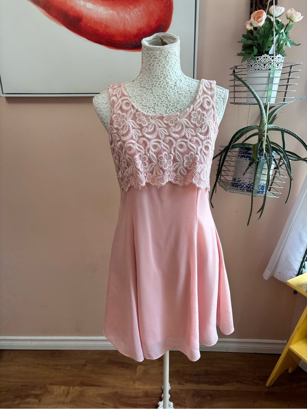 Vintage Blush Pink Lace Bodice Cocktail Dress
